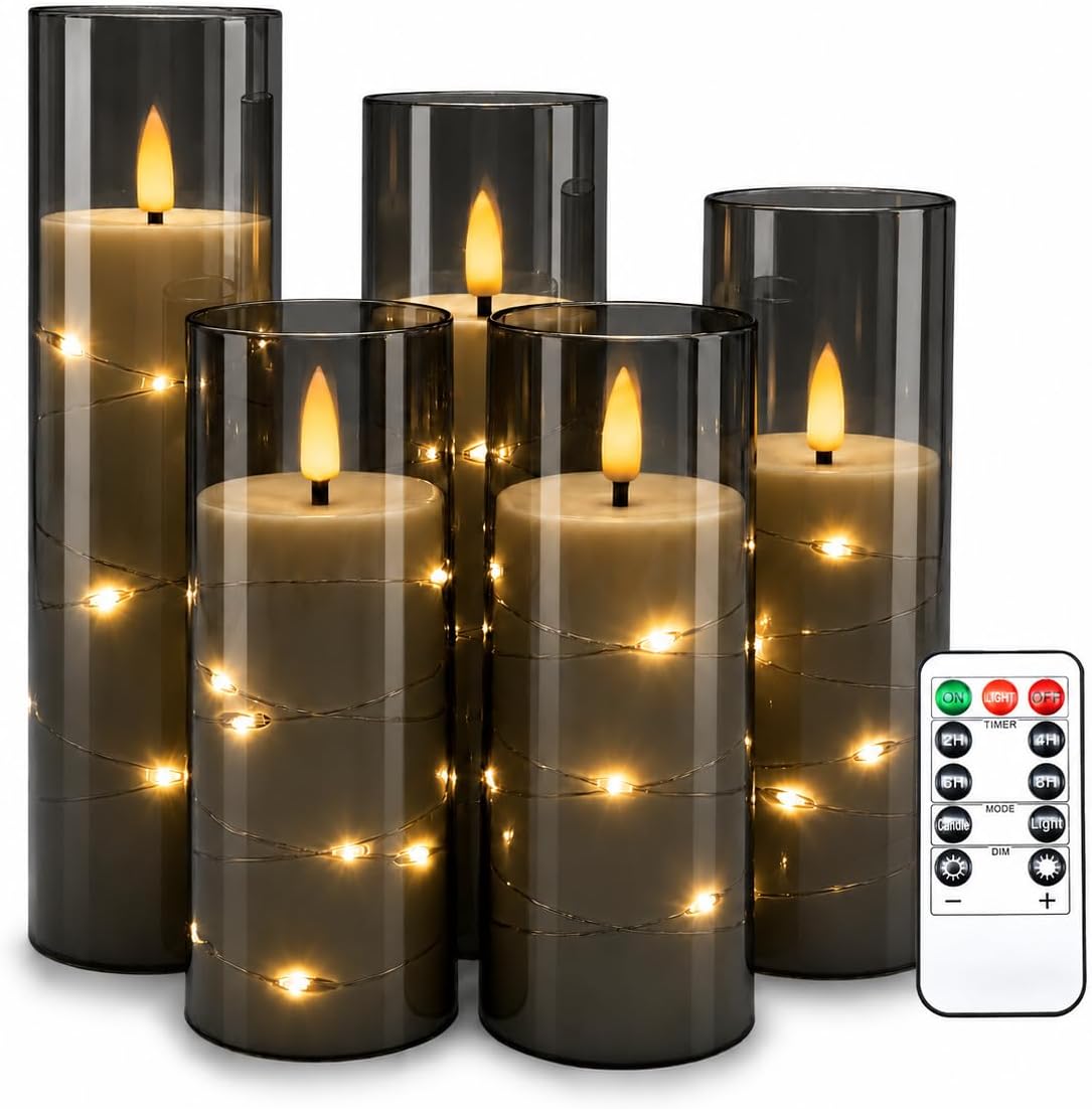 5 Grey Acrylic Flameless Taper Candles with Lights