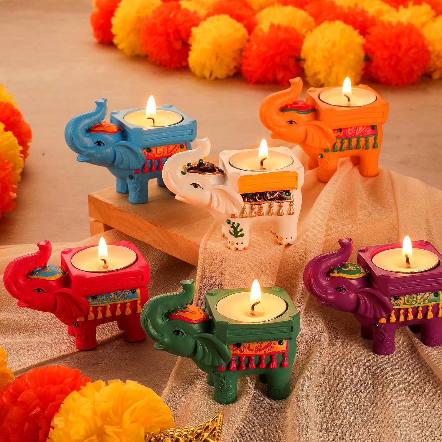 6 Piece Colourful Resin Elephant Tealight Holders