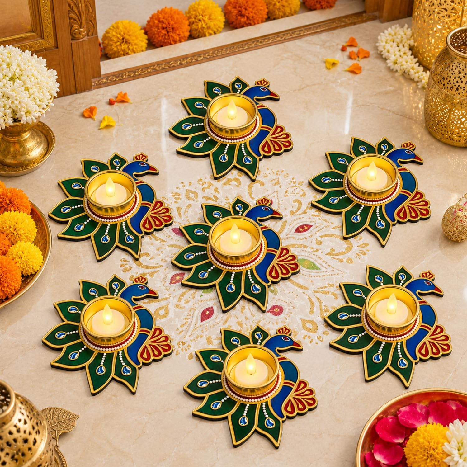 7 Piece Wooden Peacock Tealight Holders